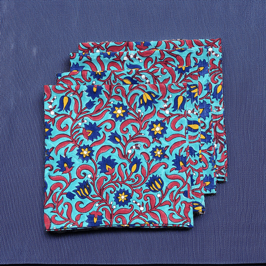 Block printed cloth dinner napkin - Blue Set of 4